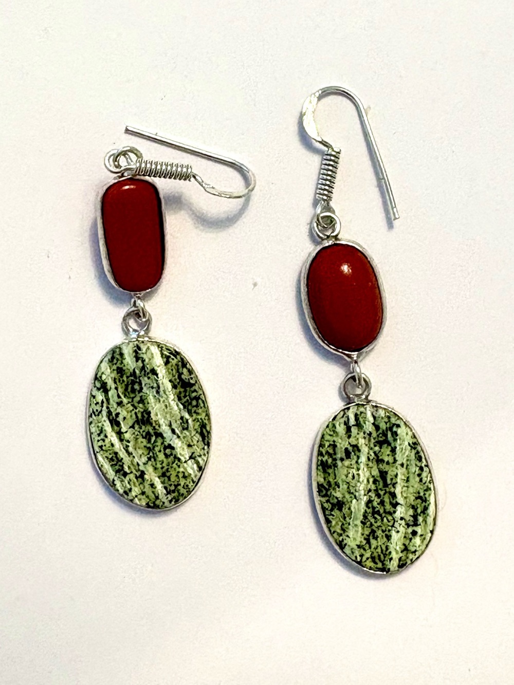 Beautiful, 2 1/4 inch, Banded Green Opal and Coral earrings.